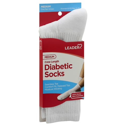 Image for Leader Diabetic Socks, Crew Length, White, Unisex, Medium,1pr from SPRING CREEK PHARMACY